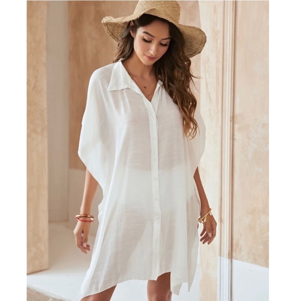 White sheer flowy boho kaftan kimono tunic XL